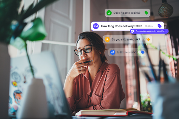 eDesk AI pre-sales assistant interface showing real-time customer queries on delivery, stock, and shipping across multiple channels..